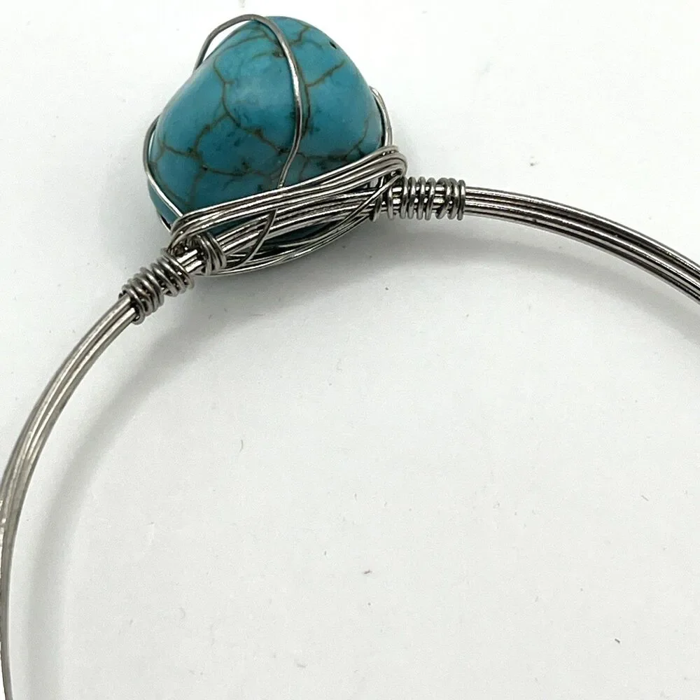 Jules C Turquoise Look Wire Wrapped Bangle Bracelet Boho Artisan Silver Tone